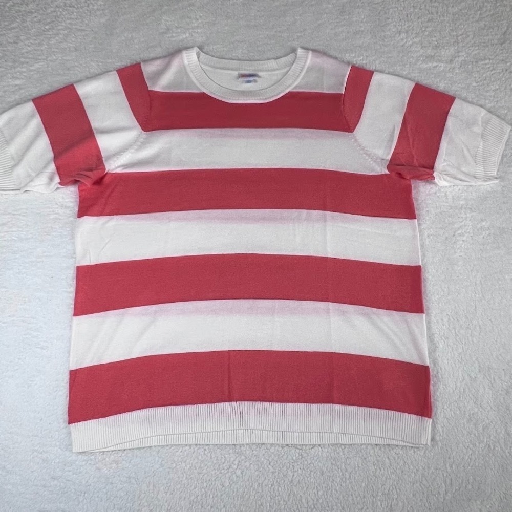 LuLaRoe 2XL Pink White Striped Knit Top Short Sleeve Sweater Plus Size Preppy‎